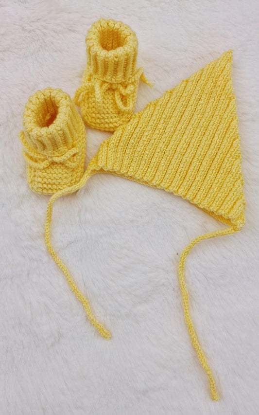 Knitted Baby Hat and Booties Yellow
