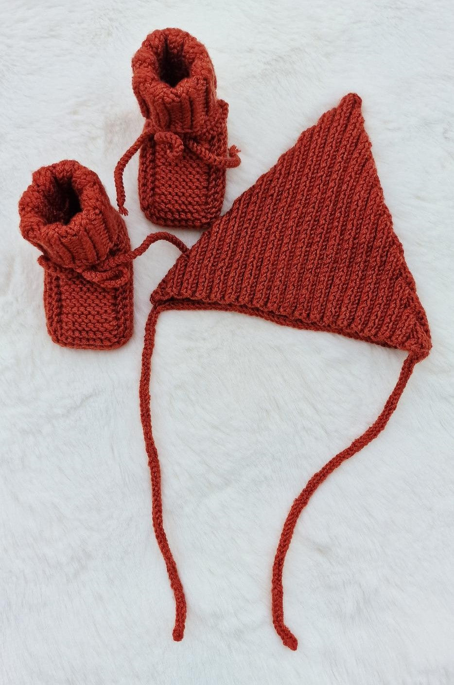 Knitted Baby Hat and Booties Brown
