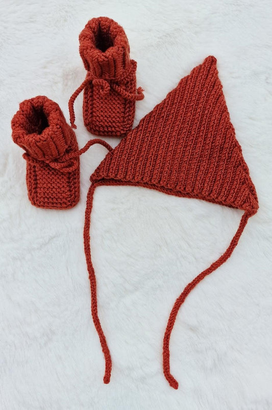 Knitted Baby Hat and Booties Brown