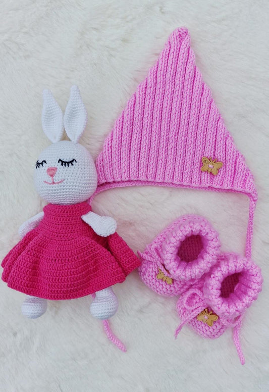 Baby Hat and Booties and Bunny Set